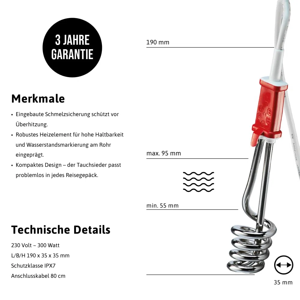 EHLERS RTE 304 Reisetauchsieder, 300 Watt, wärmeisolierter Griff, Überhitzungsschutz, 300 Watt, Etui