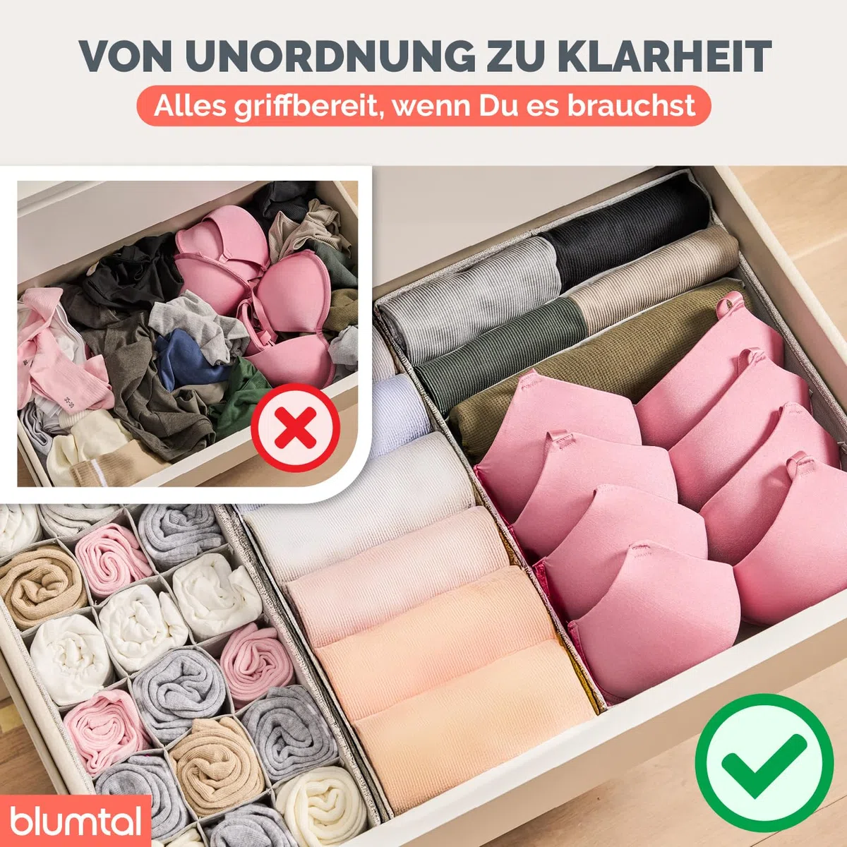 Blumtal Organizer Ordnungssystem Kleiderschrank 5er Set passend für HEMNES - 5 versch. Kleiderschrank Organizer für HEMNES Kommoden - Faltboxen für BHs, T-Shirts - Socken Aufbewahrung - Organizer Grau