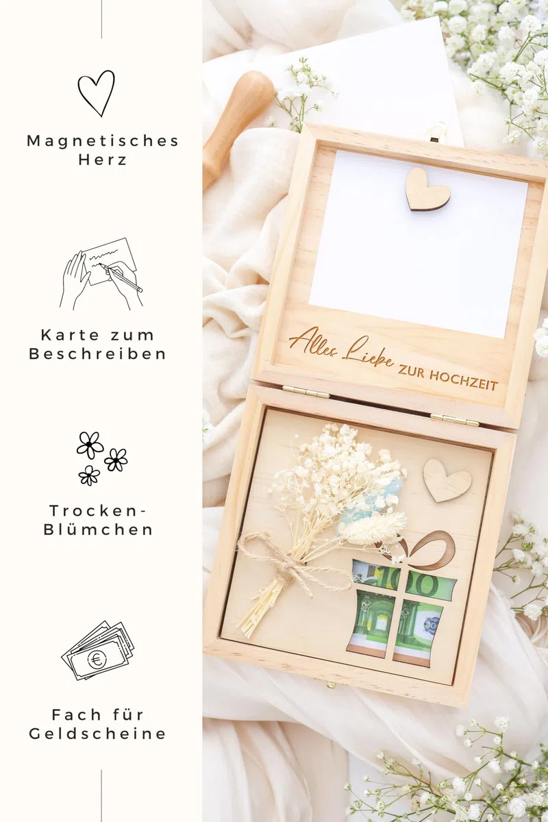 Joli Coon Geldgeschenk Hochzeit - Geldgeschenke zur Hochzeit - Hochzeitsgeschenk Geld - Hochzeitsgeschenke für Brautpaar Geld - 14 x 14 x 3,5 cm