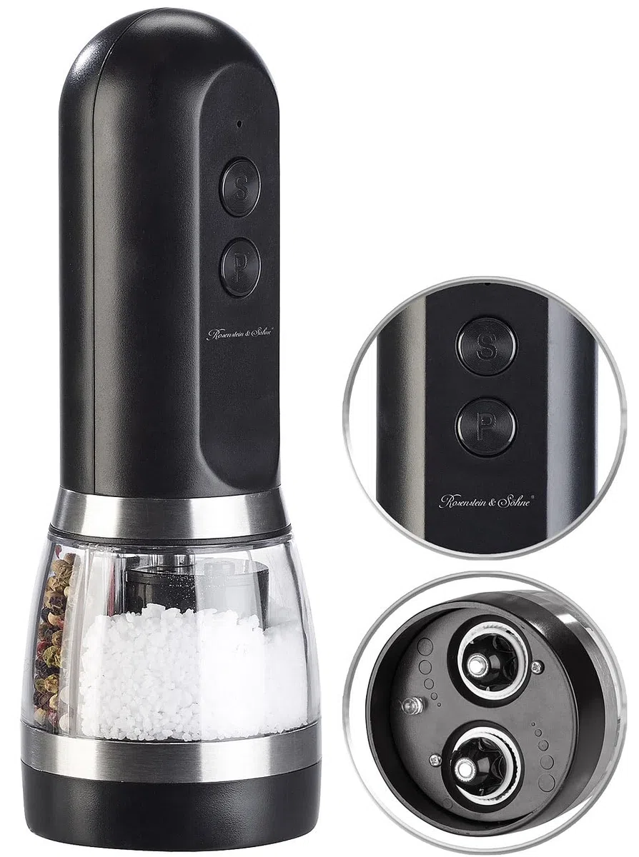 Rosenstein & Söhne Pfeffermühle USB: 2in1-Akku-Salz- & Pfeffermühle mit zwei getrennten Kammern, schwarz (elektrisch, Multifunktionelle Gewürzmühle, BBQ)