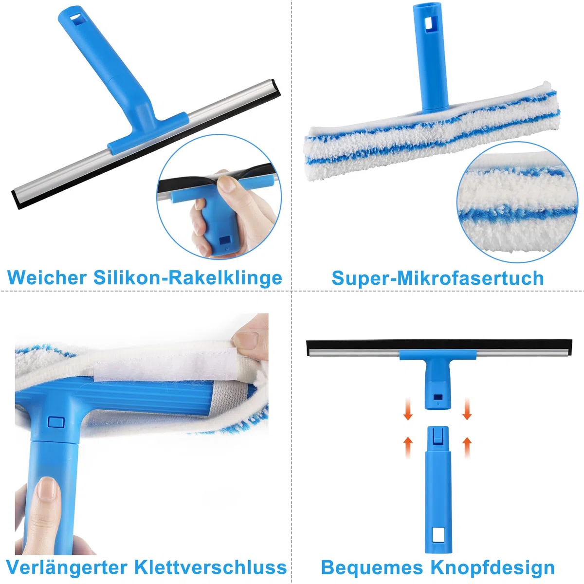 Mitclear Fensterreiniger mit Teleskopstiel (146cm), Professioneller Fensterwischer mit Silikonabzieher & Mikrofaserschrubber, Fensterreinigungsset für Bad, Dusche, Glas, Spiegel, Auto