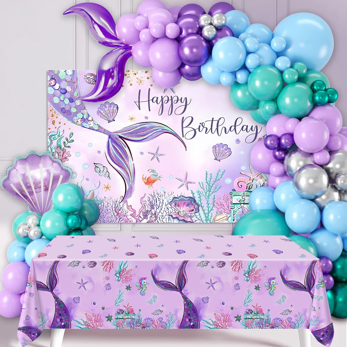 Meerjungfrau Geburtstag Deko Set - 109pcs Meerjungfrau Luftballon mit ballons Lila Blau Mermaid Tail, Meerjungfrauen Tischdecke Hintergrund für Ariel Deko Geburtstag Mädchen, Meerjungfrauen Deko