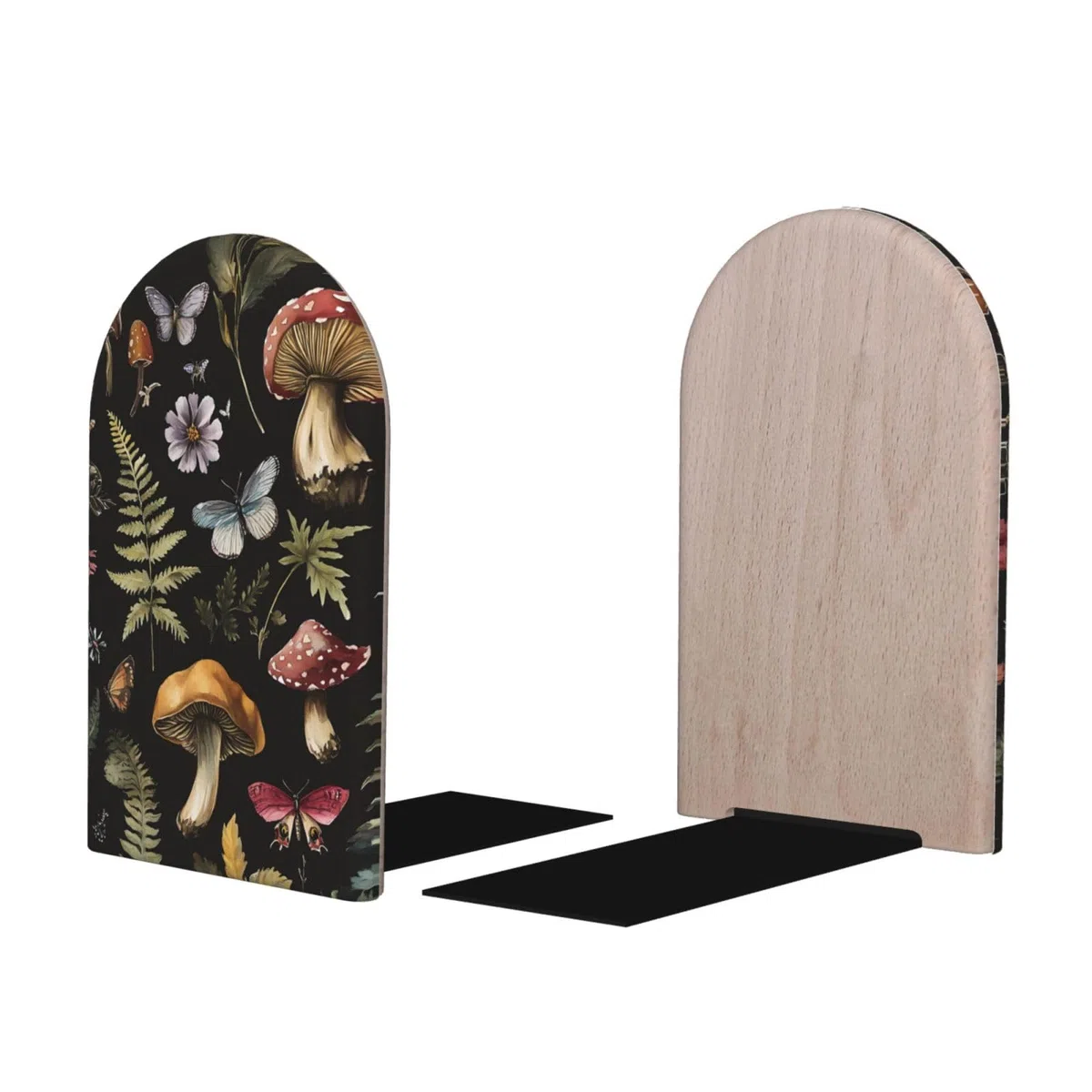 Buchstützen mit Pilz-Schmetterlingen, 1 Paar, Waldblumenblätter, Holz-Buchstützen für Regale, robuster Bücherregalhalter mit rutschfester Unterseite, Buchstopper für Zuhause, Büro, Bibliothek