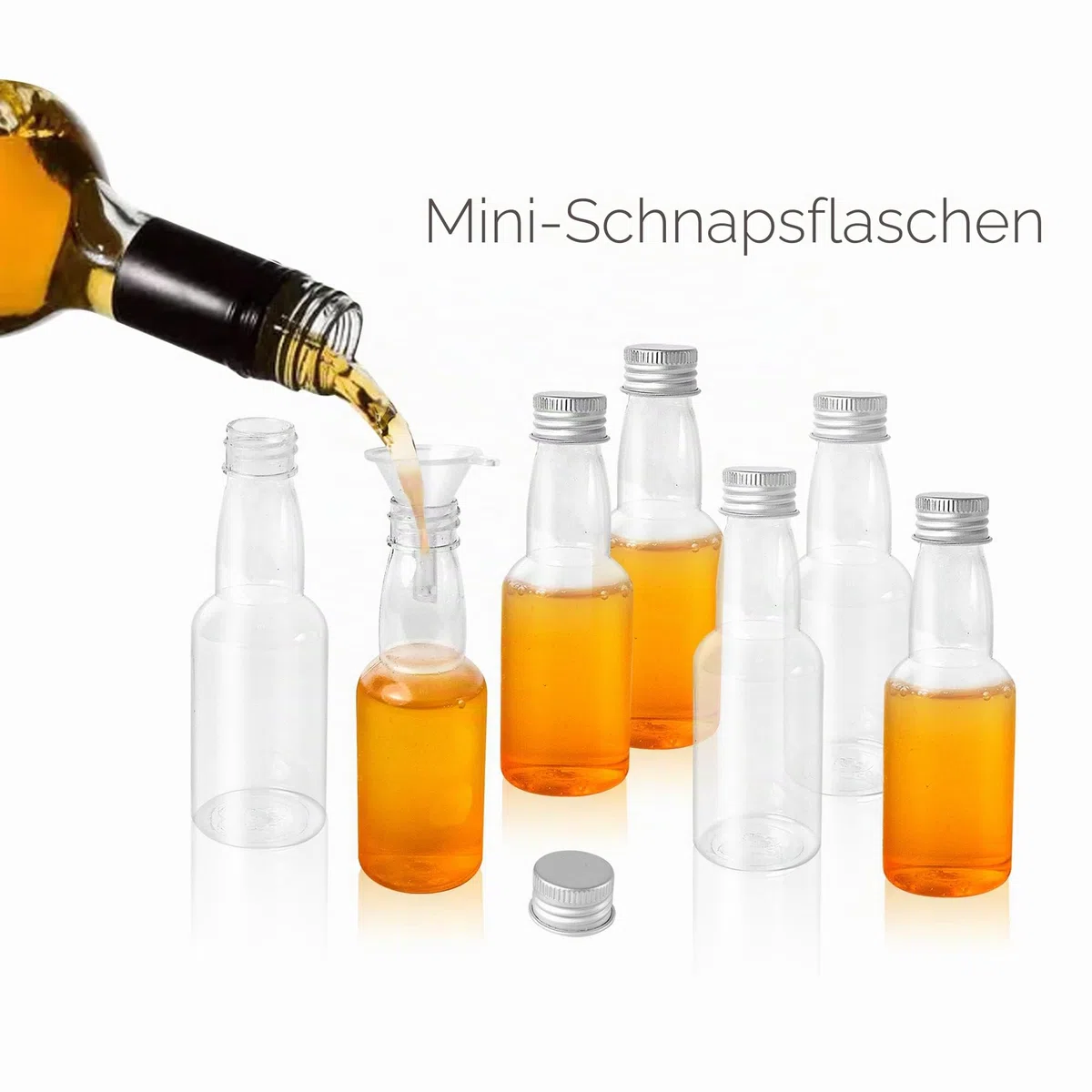 50 Stück Kleine Fläschchen zum Befüllen Kunststoff für Likör, 60 ml Mini Schnapsflaschen Likörflaschen mit Silber Deckel und Trichter, Plastik für Hochzeiten, Partys, Reisen