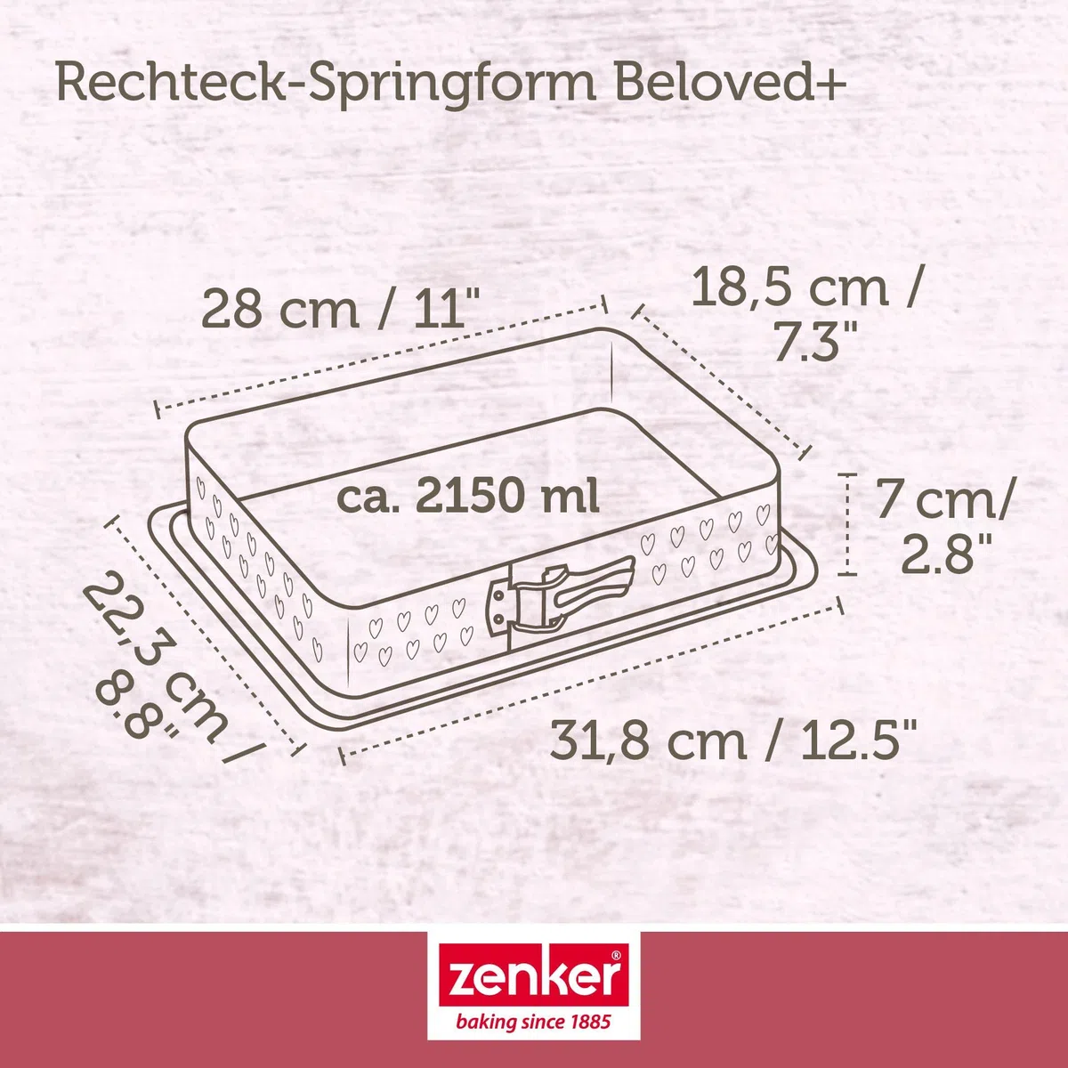 Zenker Rechteck-Springform 28 x 18 cm – Ideal für Valentins- & Muttertag, mit einzigartiger Herz-Prägung, PFAS-frei, Made in Germany, Schwarz