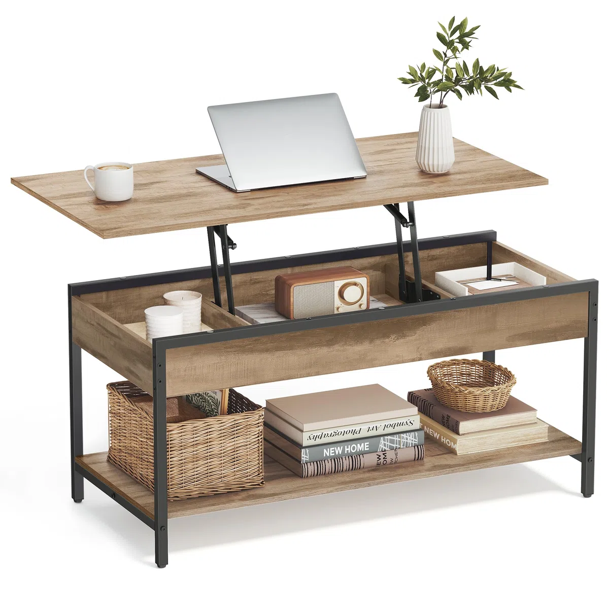 VASAGLE Couchtisch, höhenverstellbarer Wohnzimmertisch, Kaffeetisch, mit offenem Fach und versteckten Fächern, 50 x 100 cm, Kamelbraun-tintenschwarz LCT261LB02