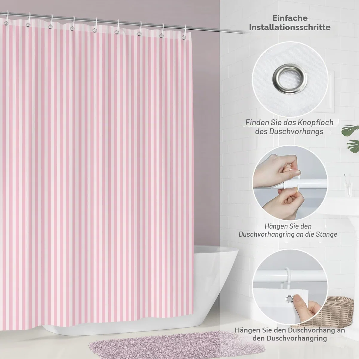 Duschvorhang 180x200 cm Rosa Weiß Gestreift, Moderner Textil Stoff Badevorhang mit Streifenmuster, Anti-Schimmel & Wasserabweisend, inkl. 12 Ringe, Maschinenwaschbar, 1-Teil