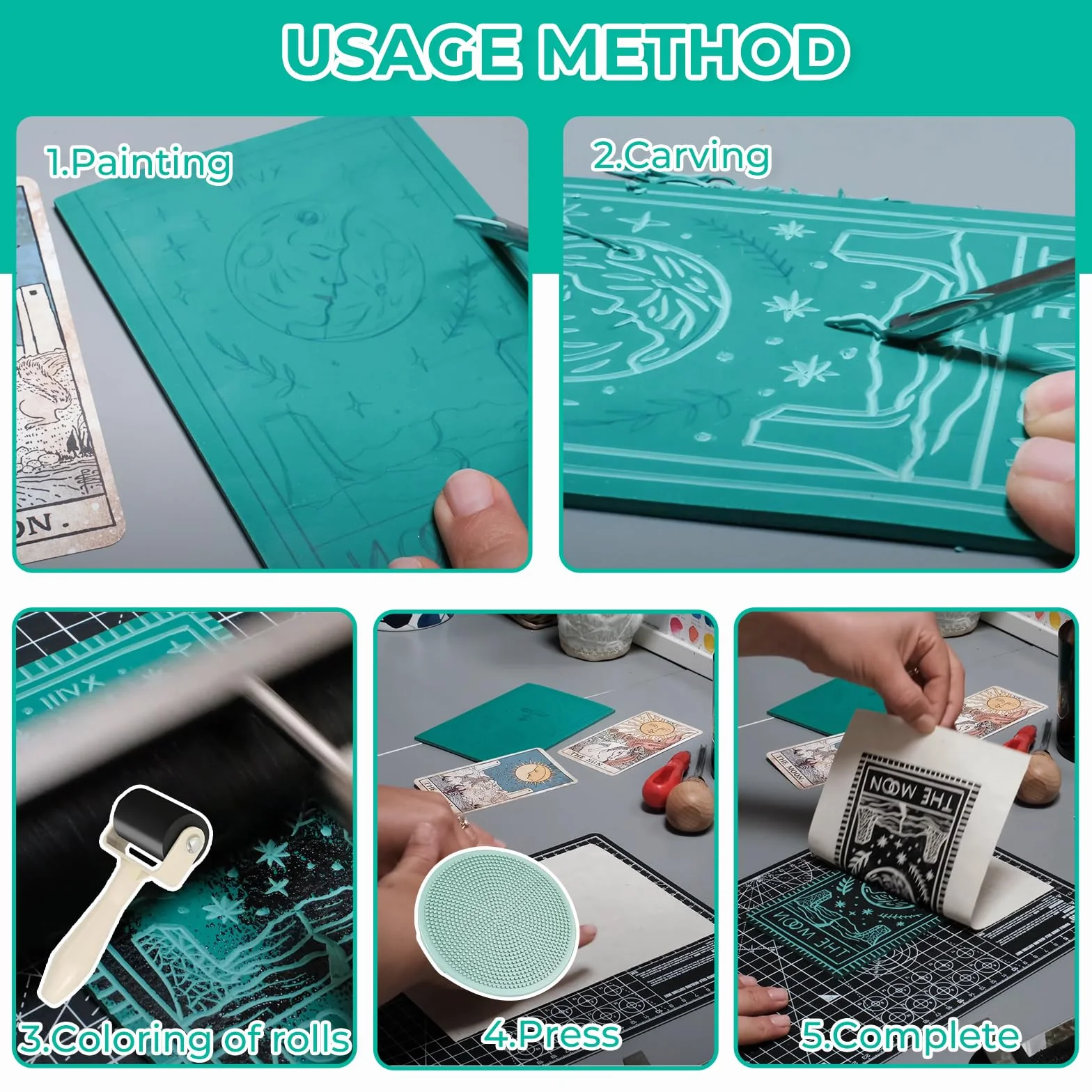 14 Stück Linoleum Platten Linoldruck Set Stempelgummi Linolschnitt, Blockdruck Starter Kit, A4 A5 A6 Gummistempel Schnitzblöcke mit Bildhauerwerkzeugen, für Siegelschnitzerei DIY