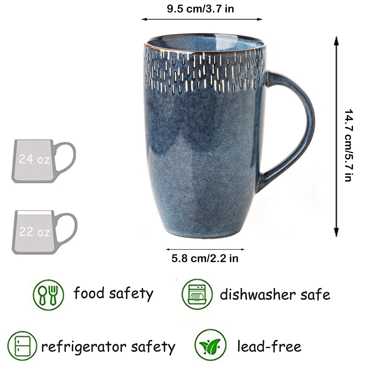 600 Ml Kaffeetasse aus Keramik, große Milchkaffeetasse, Teetasse, glatte Glasur für Kakao, Latte, Müsli, spülmaschinenfest, mikrowellengeeignet (Blau)