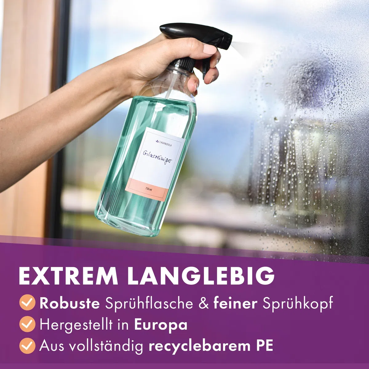 3x Sprühflasche 750ml mit Etiketten - Gleichmäßiges & feines Sprühbild, dichte & auslaufsichere Polyethylen-Sprühflasche für Pflanzen, Autopflege & mehr - 3x Set