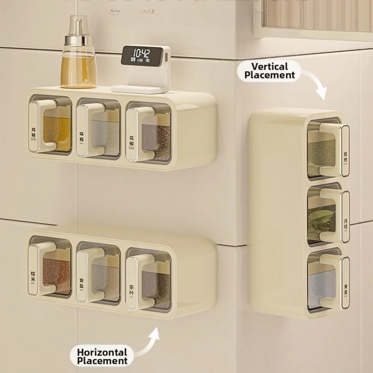 Gewürz-Aufbewahrungsbox für die Küche, Wandbehang, feuchtigkeitsbeständig, Gewürzhalter mit einzelnen Fächern und Etiketten, einfache Installation (B)