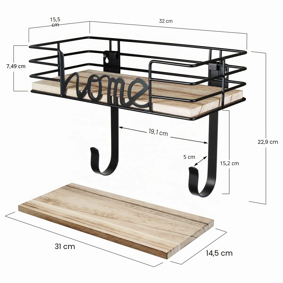 TJ.MOREE Ironing Board Hanger, Iron Holder Wall Mount, Wall Mounted Ironing Board,ironing Board Hook,Bügelbrett wandmontage, Mit Großem Aufbewahrungskorb Aus Holz Und Abnehmbaren Haken (schwarz)