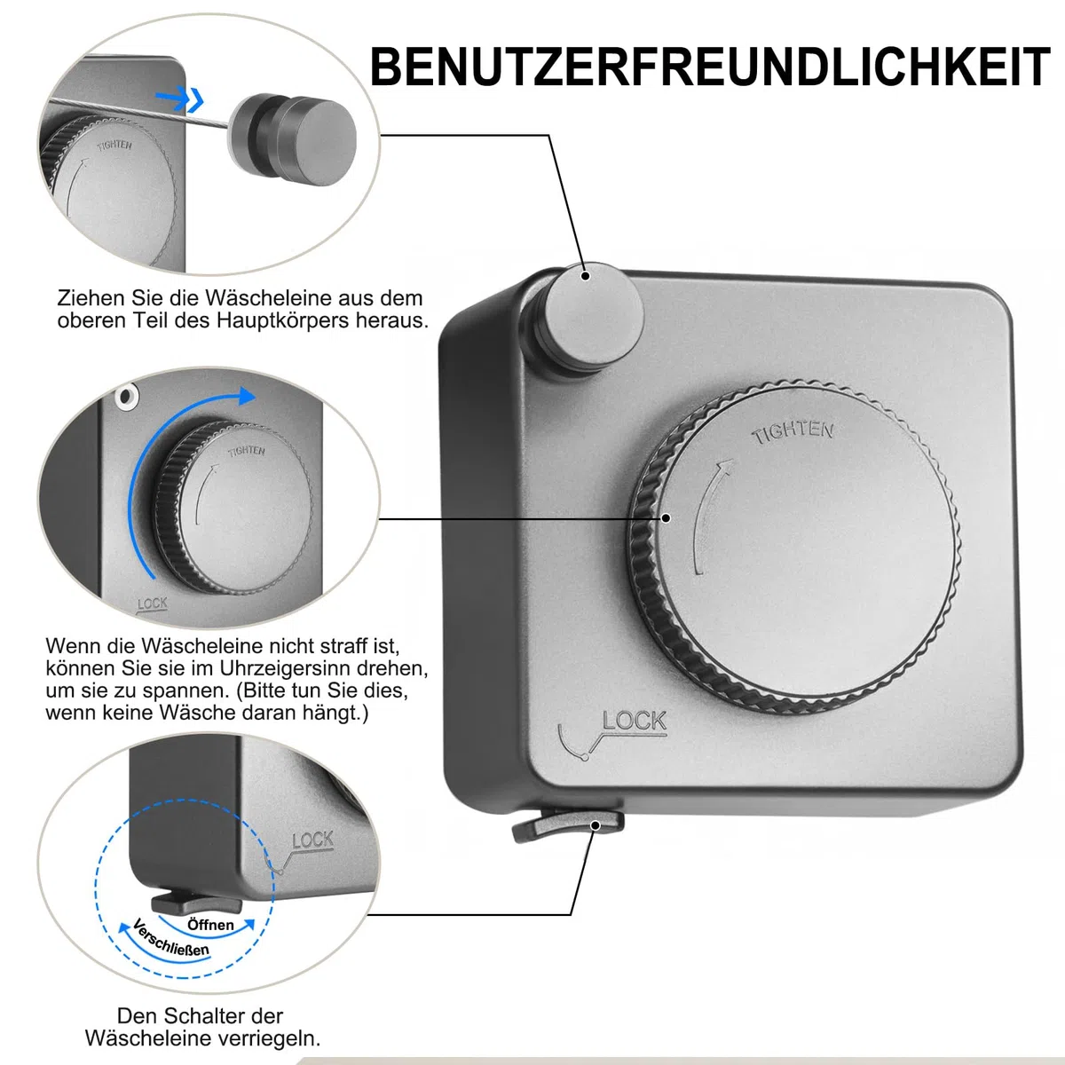 LIVEHITOP Wäscheleine Ausziehbar, Wandmontage Wäscheleine Einziehbare Nicht Durchhängend Edelstahl 4.6M Verstellbares Drinnen DraußEn (Grau)