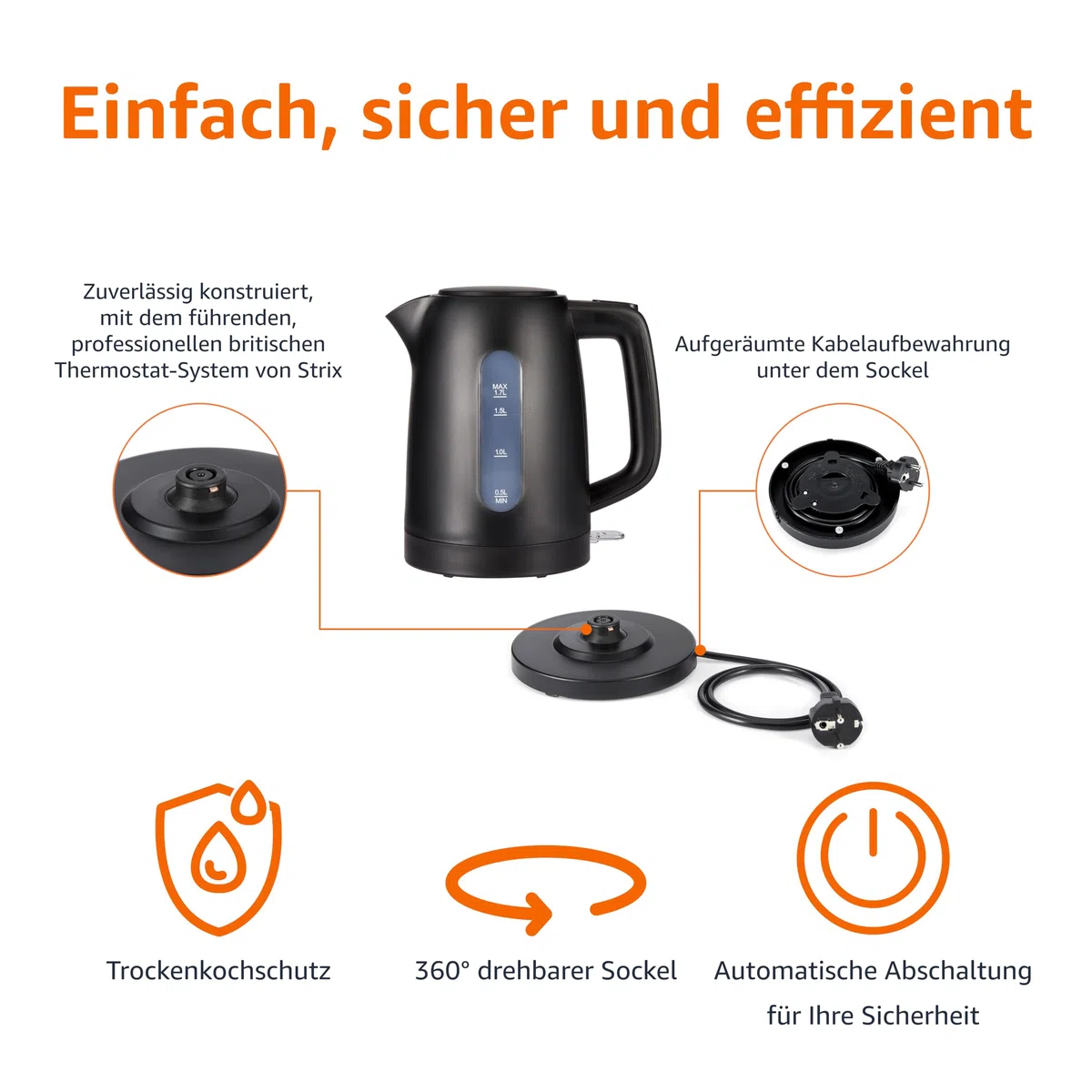 Amazon Basics Wasserkocher 1,7L, 2200 W, BPA-frei mit 360° Basis, Automatische Abschaltung und Herausnehmbarem Kalkfilter, Mattschwarz