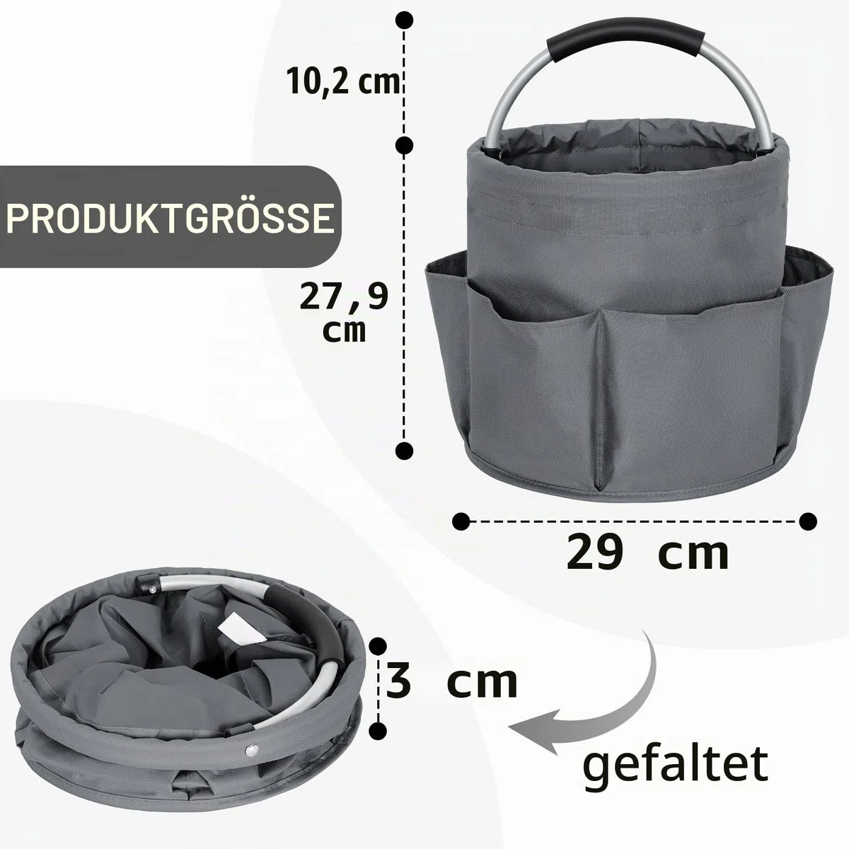 Reinigungs-Caddy-Organizer mit Griff, faltbar, Grau | Reinigungseimer, Werkzeugtasche mit mehreren Taschen, Für Reiniger und Haushälter