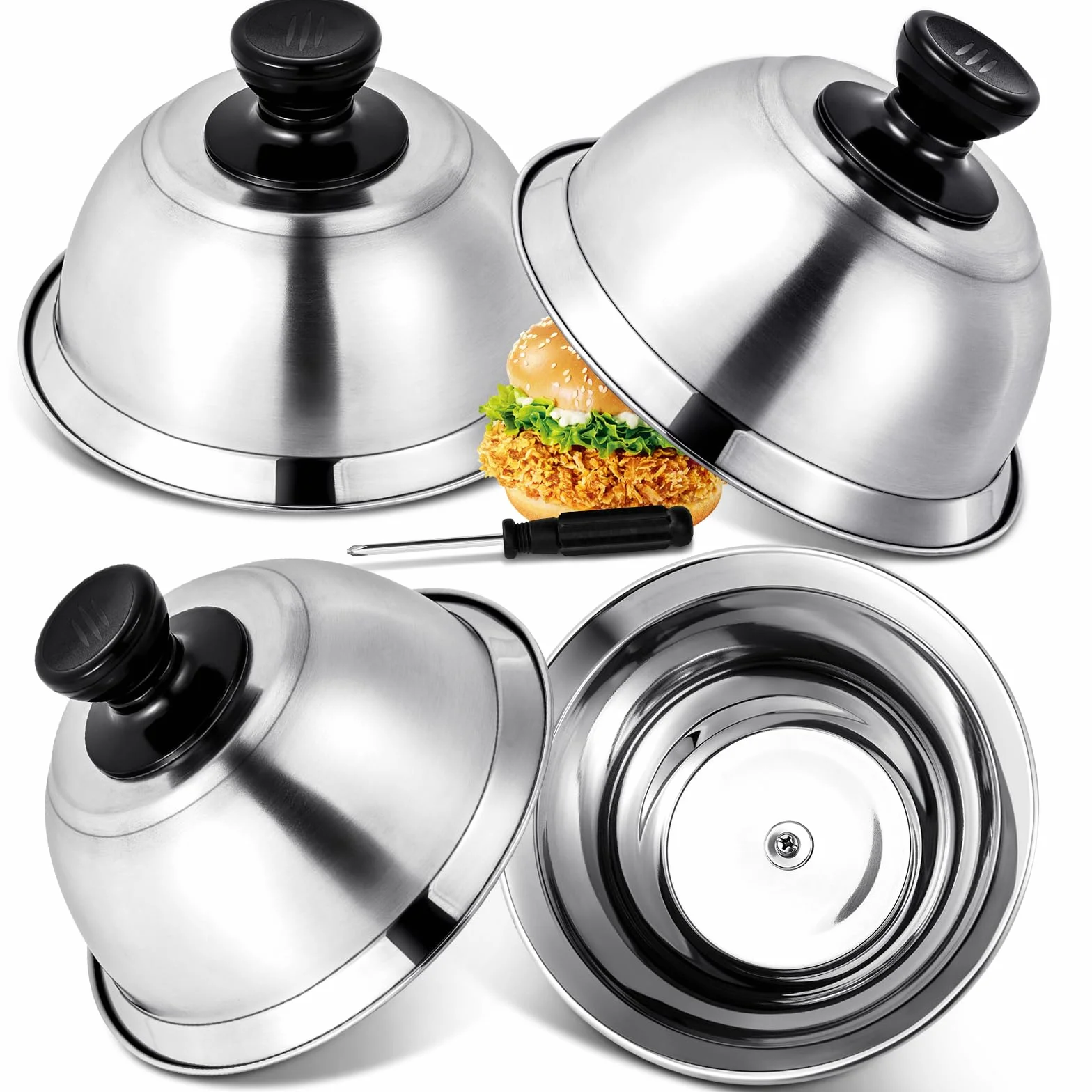 4 Stück Burgerglocke Edelstahl Burgercover, 16x6.7cm Grill Deckel, Burgerhauben Schmelzglocke Burger Glocke für Küche, Steak, Grill, Cheeseburger, Innen & Außen (mit Schraubenzieher)