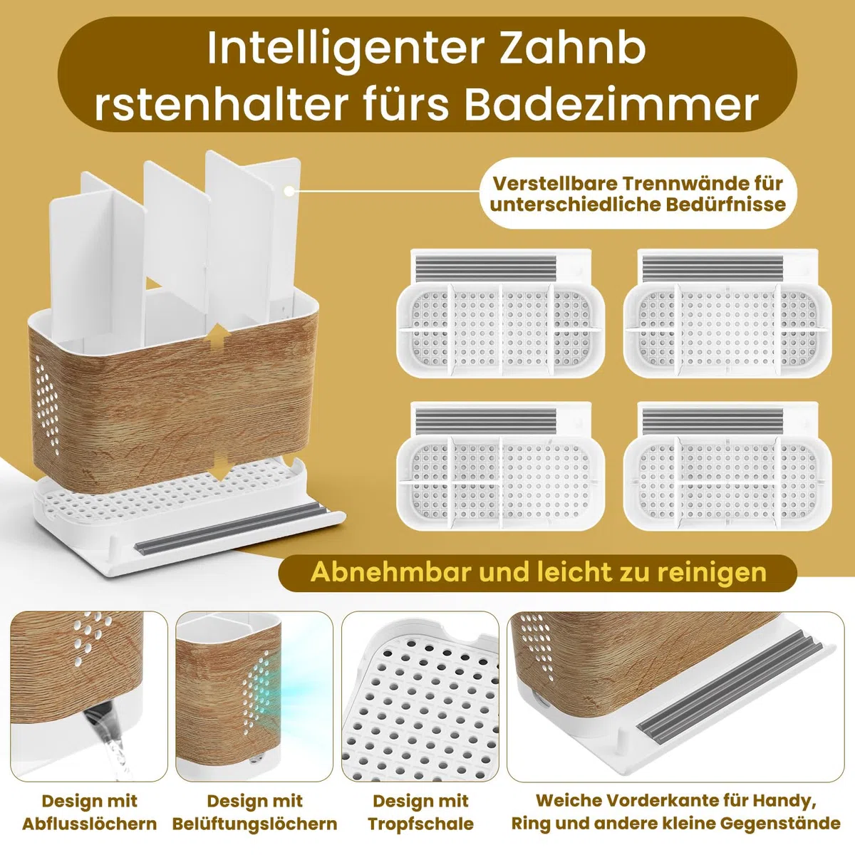 Zahnbürstenhalter Familie Groß Holzoptik Zahnbürsten Organizer mit Telefonhalter und Verstellbaren Trennwänden, Kabelfreundlicher 6 Fächer Zahnputz Organizer mit Ablauf für Familie, Kinder