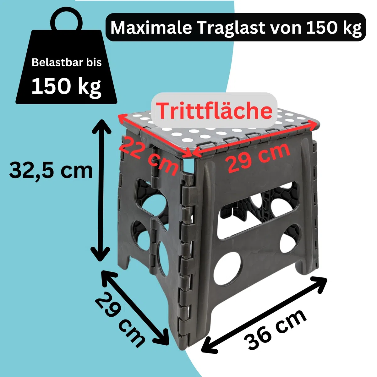 Hocker Tritthocker 29 x 22 x 32,5 cm faltbar für Erwachsene und Kinder bis 150 kg Klapphocker aus Kunststoff rutschfest und platzsparend mit praktischem Tragegriff & HLKauf-Block