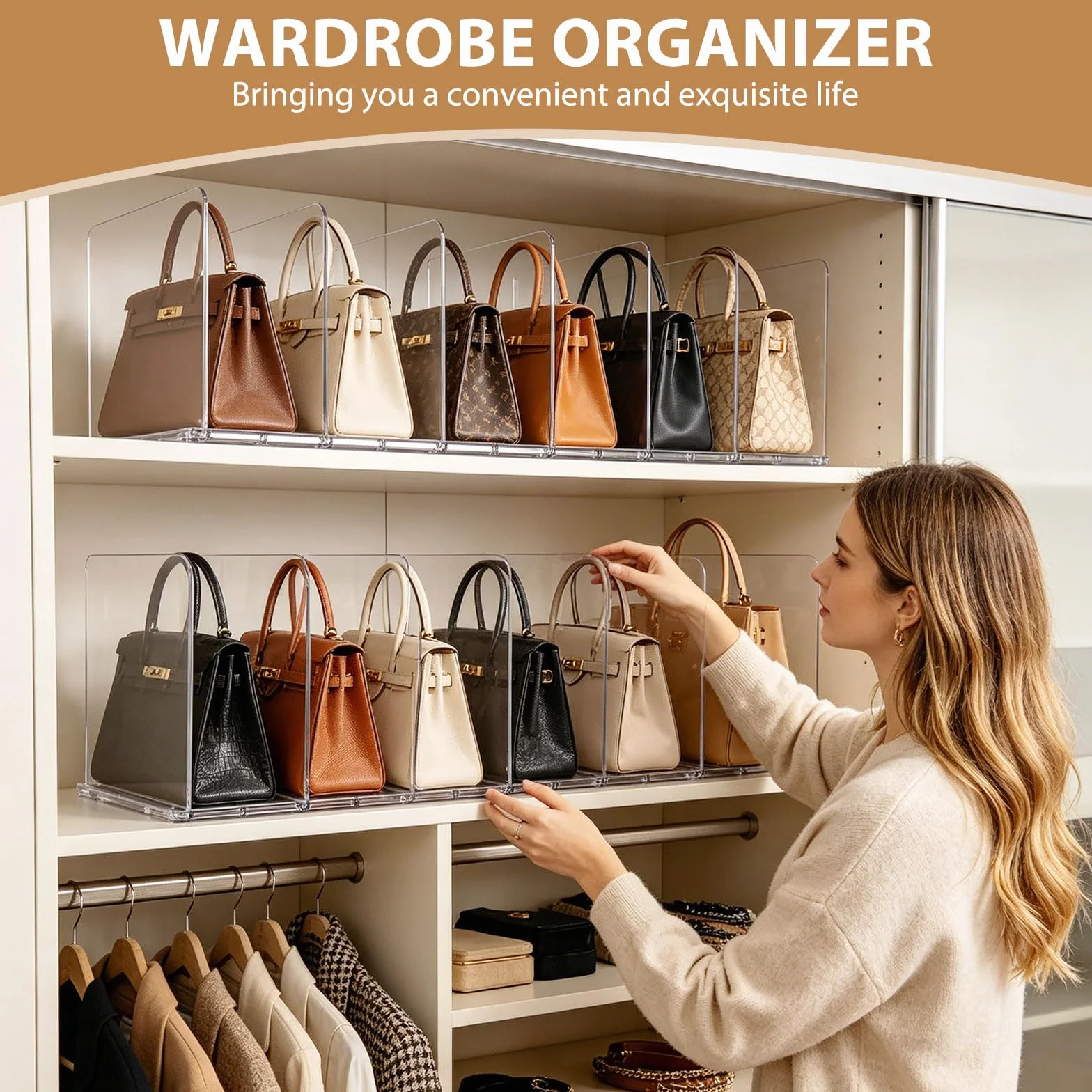 2 Stück Handtaschen Trenner 4 Kammer, Verstellbarer Acryl Regaltrenner, Transparenter Schrank Organizer, Abnehmbare Taschen Aufbewahrung für Kleiderschrank,Bücherregal