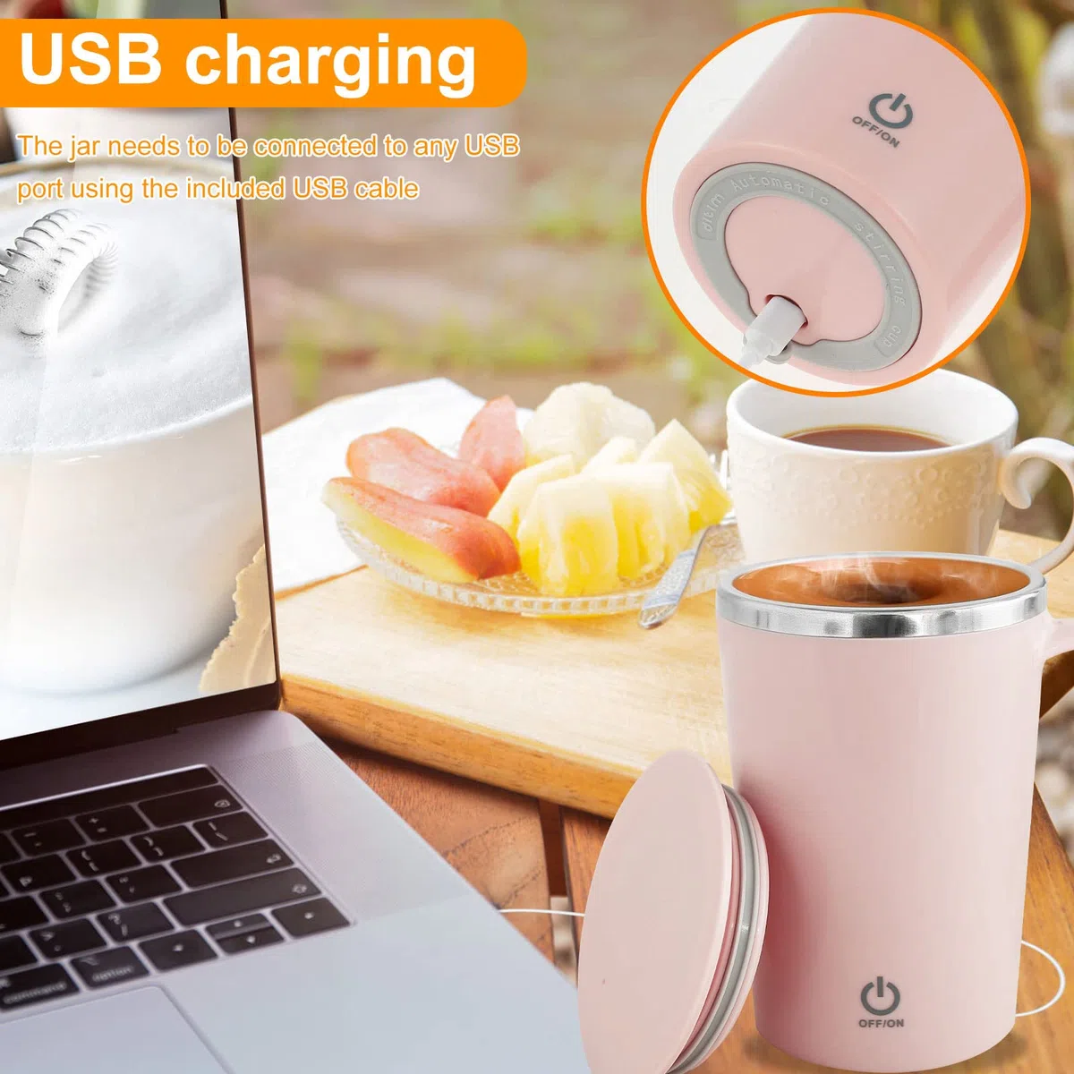 Elektrische selbsttreuende Becher 1200mAh wiederaufladbare automatische Mischung Becher Edelstahl Magnetische Rührtasse wiederverwendbar(Rosa)