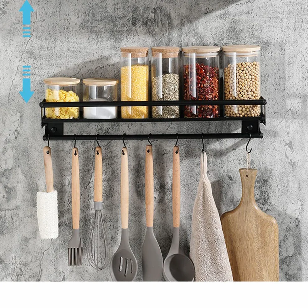Hakenleiste für Küchenutensilien, Klebstoff/Bohren 2 Wege installieren Küche Hakenleiste mit 8 Haken,40cm Wandmontiertes Küchenutensilien-Organizer-Rack
