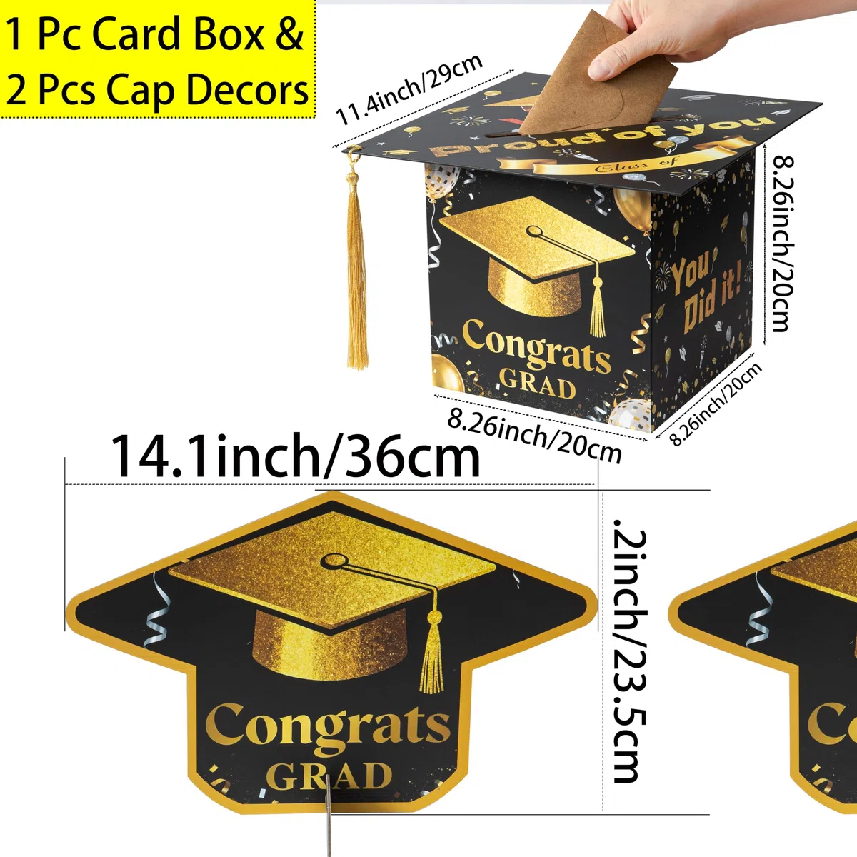 APLUSWER Doktorhut Kartenbox Abschlussfeier Blumenbox mit Tassel | 1 pc Abschlusskarten Box und 2 pc Abschlusshut-Schilder Tischständer Deko, Abschlussfeier Geschenkbox mit Kartensteckplatz