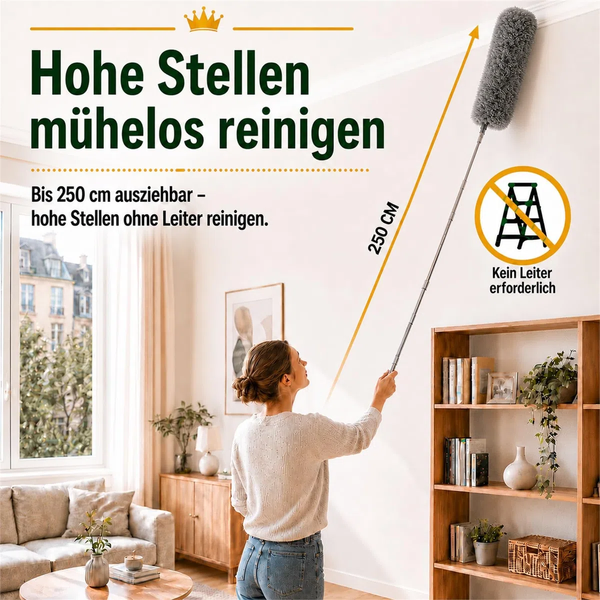 Staubwedel Teleskop 250 cm, 7-teiliges Waschbares Mikrofaser-Reinigungsset, Staubwischer lang ausziehbar, Spinnenwebenentferner für hohe Decken, Jalousien & Ecken