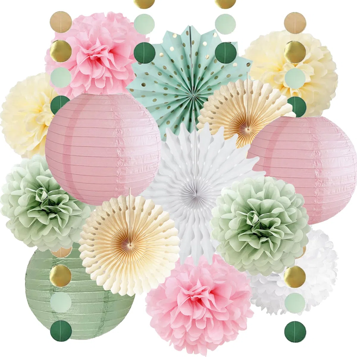 Salbeigrün und Rosa Party Deko Salbeigrün Beige Papierfächer Rosa Papierlaternen Salbei Geburtstag Mädchen Frau Deko mit Kreisgirlande für Babyparty Hochzeit Brautdusche Geburtstag Deko