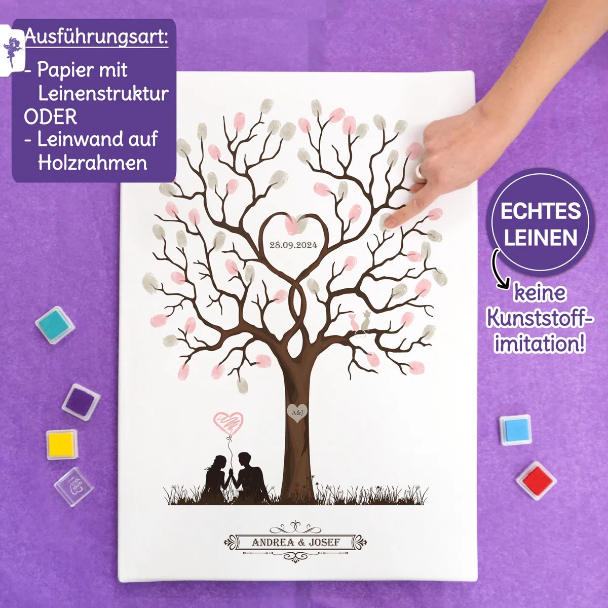 FEENSTAUB Hochzeitsbaum personalisiert, Gästebuch Alternative Hochzeit, Fingerabdruck Hochzeit, Weddingtree, Leinwand Gästebuch, Hochzeitsbaum Fingerabdruck, Baum auf Leinwand oder Papier