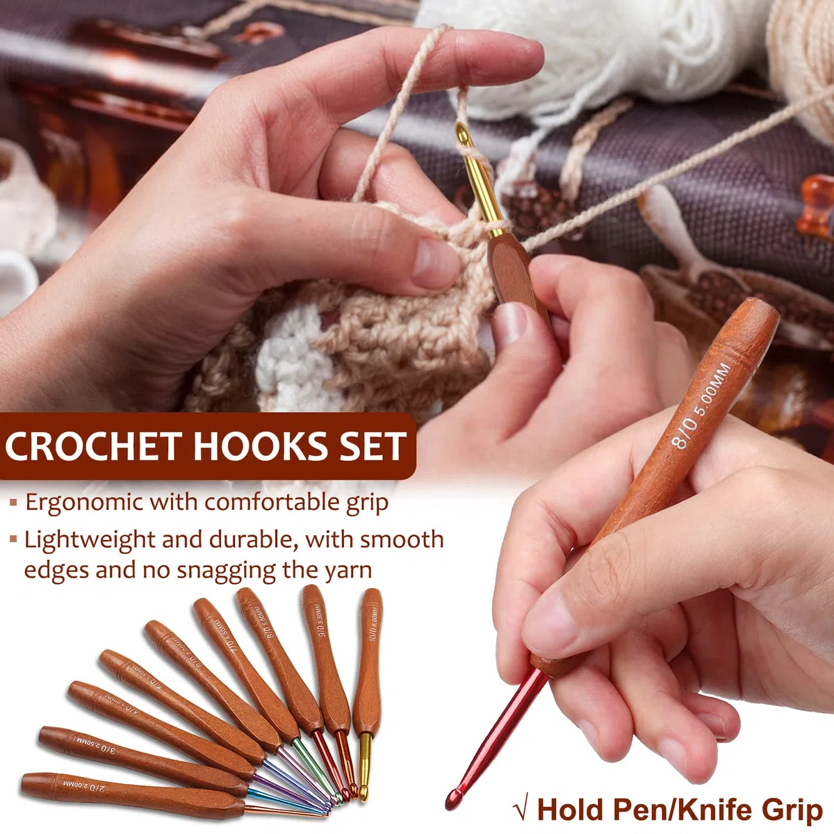 Aeelike Holzgriff Häkelnadel Set, 9 Stück Ergonomische Häkelnadeln mit Schön Tasche für Arthritische Hände, 2,0-6,0 mm Leichte Starter Häkelnadeln mit Bunte Aluminium-Hakenkopf für Anfänger, Profis