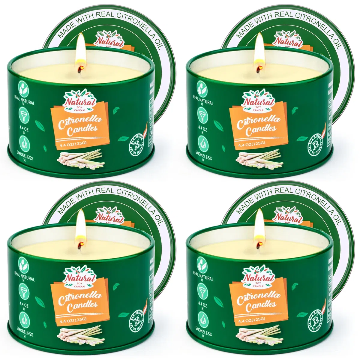 Citronella Kerzen Outdoor,4Stück Citronella Kerze Draußen-120Std Brenndauer Zitronella Kerzen Garten,Natürliche Sojawachs Zitronen Duftkerzen-Set für Camping Terrasse Picknicks Sommergeschenk