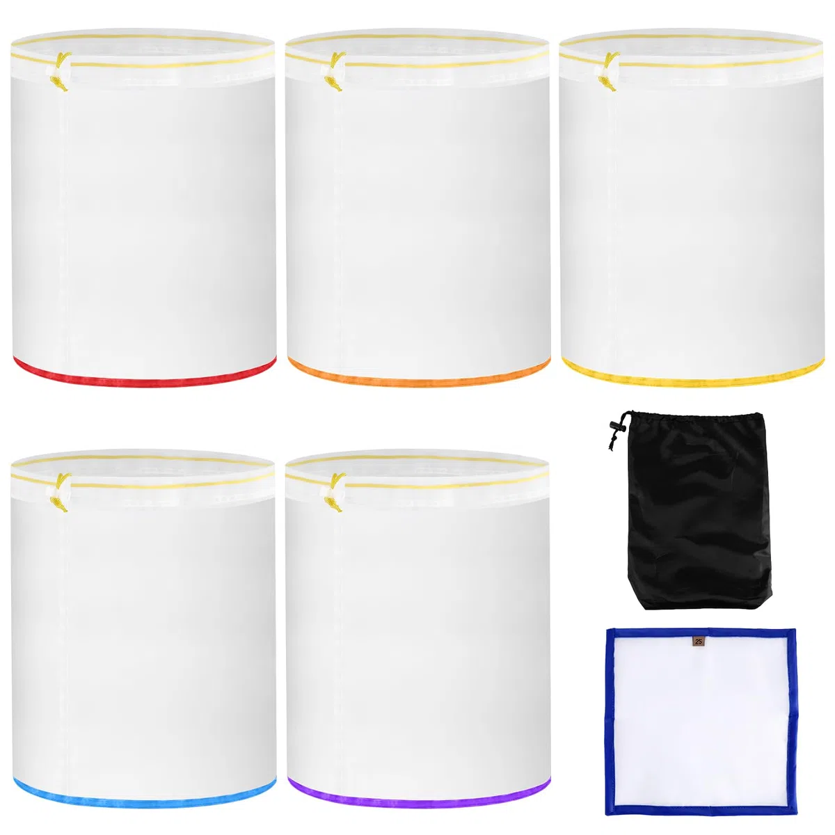 5er-Pack 5-Gallonen-Netzfilterbeutel, 5-Farbiges Wiederverwendbares Feinnylon-Filterbeutel-Set mit Presssieb und Aufbewahrungstasche für 5-Gallonen-Eimer (25 bis 220 Mikron)