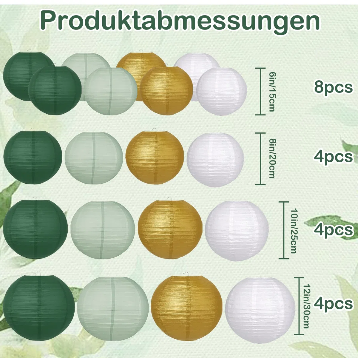 20 Stück Papier Lampions Set Salbeigrün/Waldgrün/Elfenbein/Gold 4 Größen (15-30cm) Deko für Gartenparty Hochzeit Geburtstag