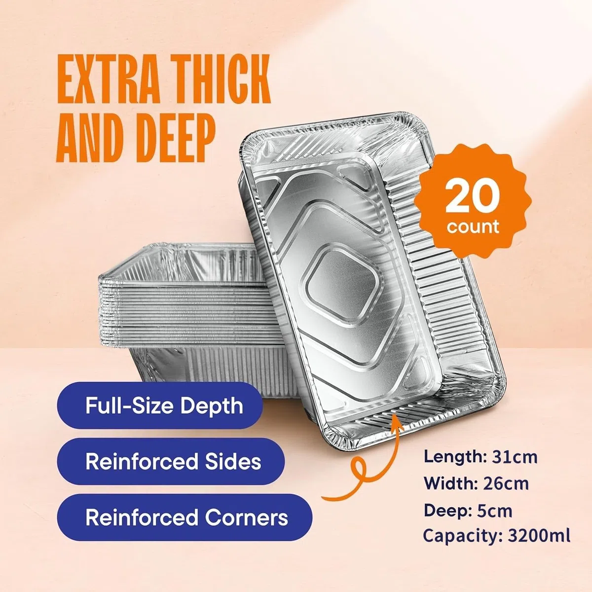 LATERN 20 Stück Große Backbleche aus Aluminiumfolie, 31 x 26 x 5CM Einweg Bräter Backofen Gefrierfach Kochen Backen Grillpfannen zum Party-Essen servieren Aufbewahrung zum Mitnehmen Catering-Container