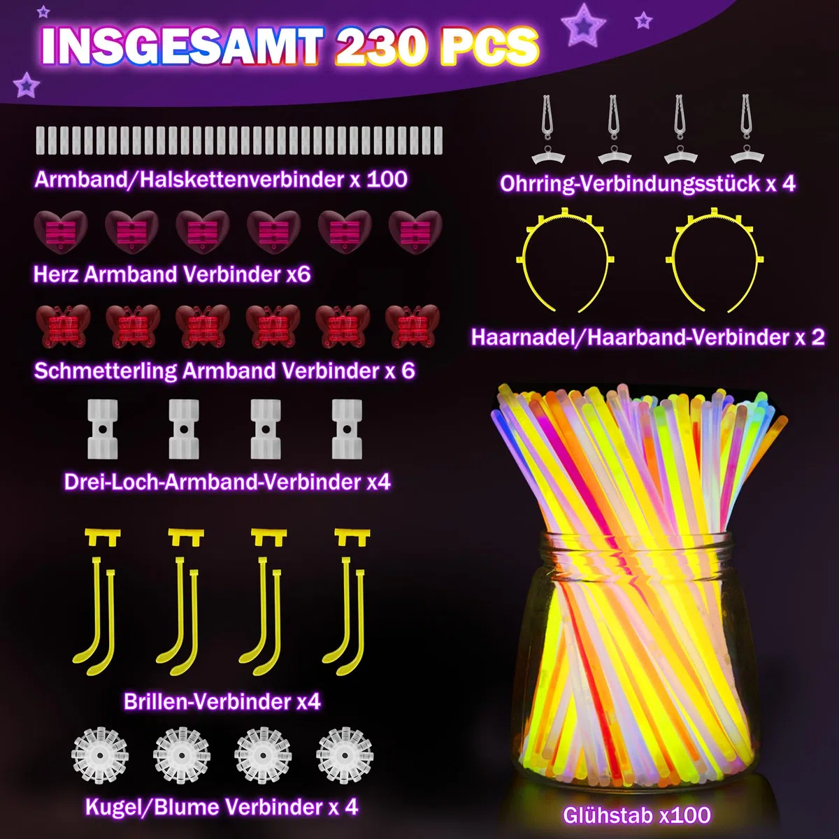 Knicklichter Party Set,100 Stück Leuchtstäbe 130 Verbinder,Neon Knicklichter Ketten und Leuchtbrillen für Kinder, Deko für Festival Hochzeiten Weihnacht Party Silvester Deko 2025