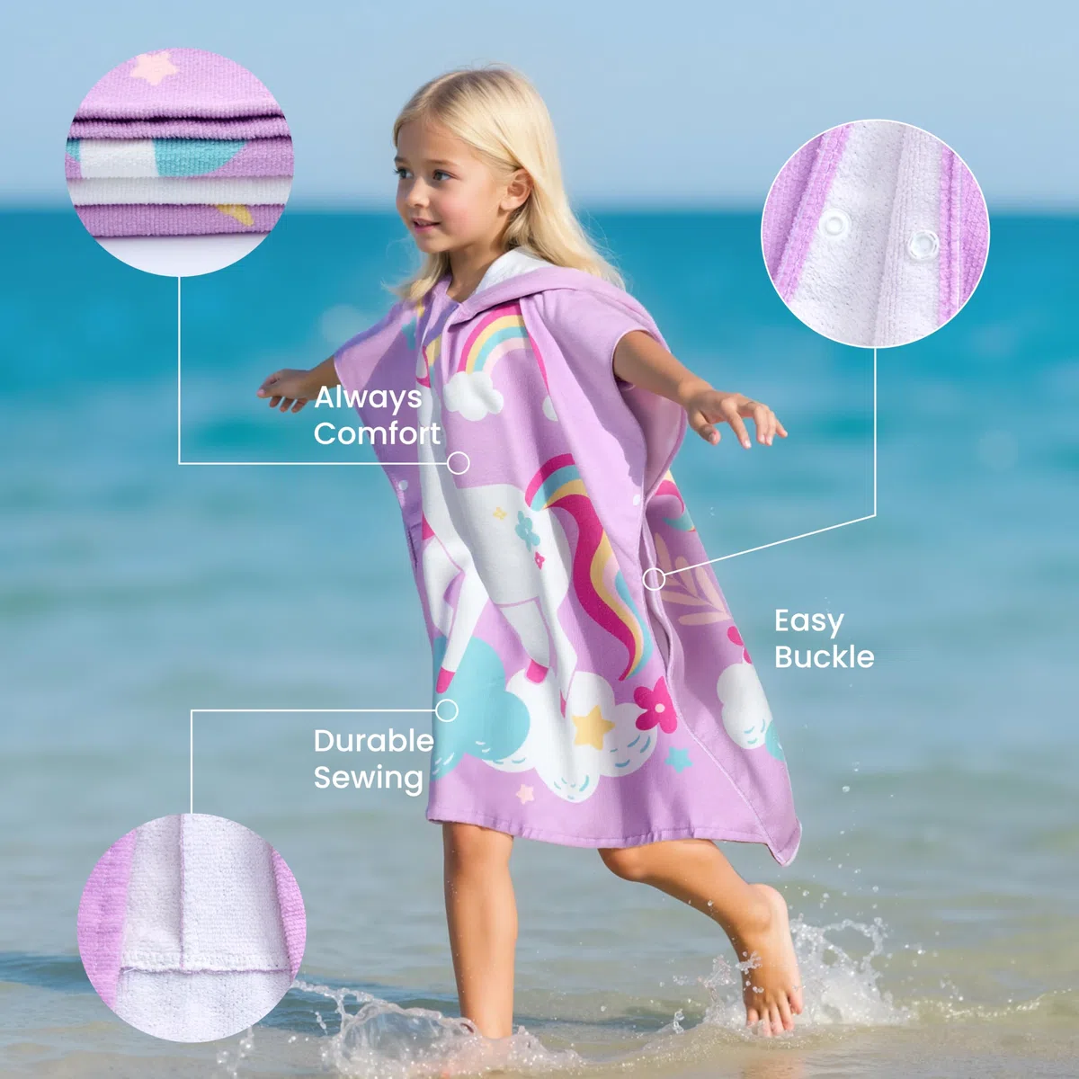 Joiedomi 30"* 30" Badeponcho Badetuch für Kinder,Lila Einhorn-Mikrofaser-Kapuzenhandtuch-Poncho für Strand, Pool, Bad, schnelltrocknend