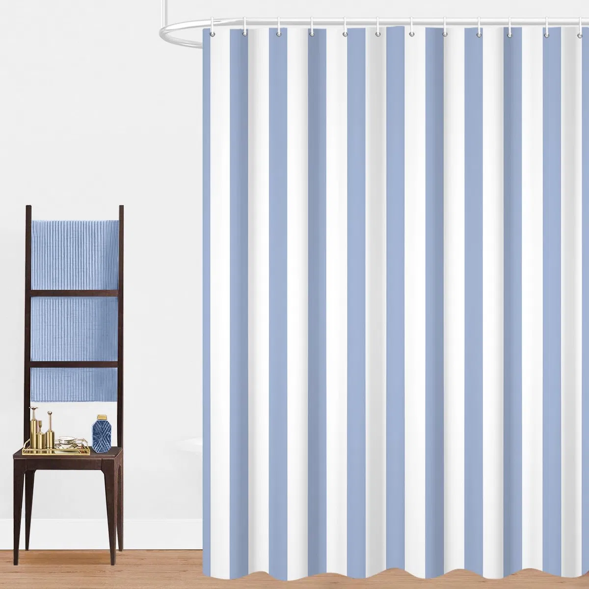 Duschvorhang, 180x200cm, Weiß und Hellblau Moderner Minimalismus Vertikale Streifen Wasserdichter Stoff Maschinenwaschbarer Badezimmervorhang mit Haken