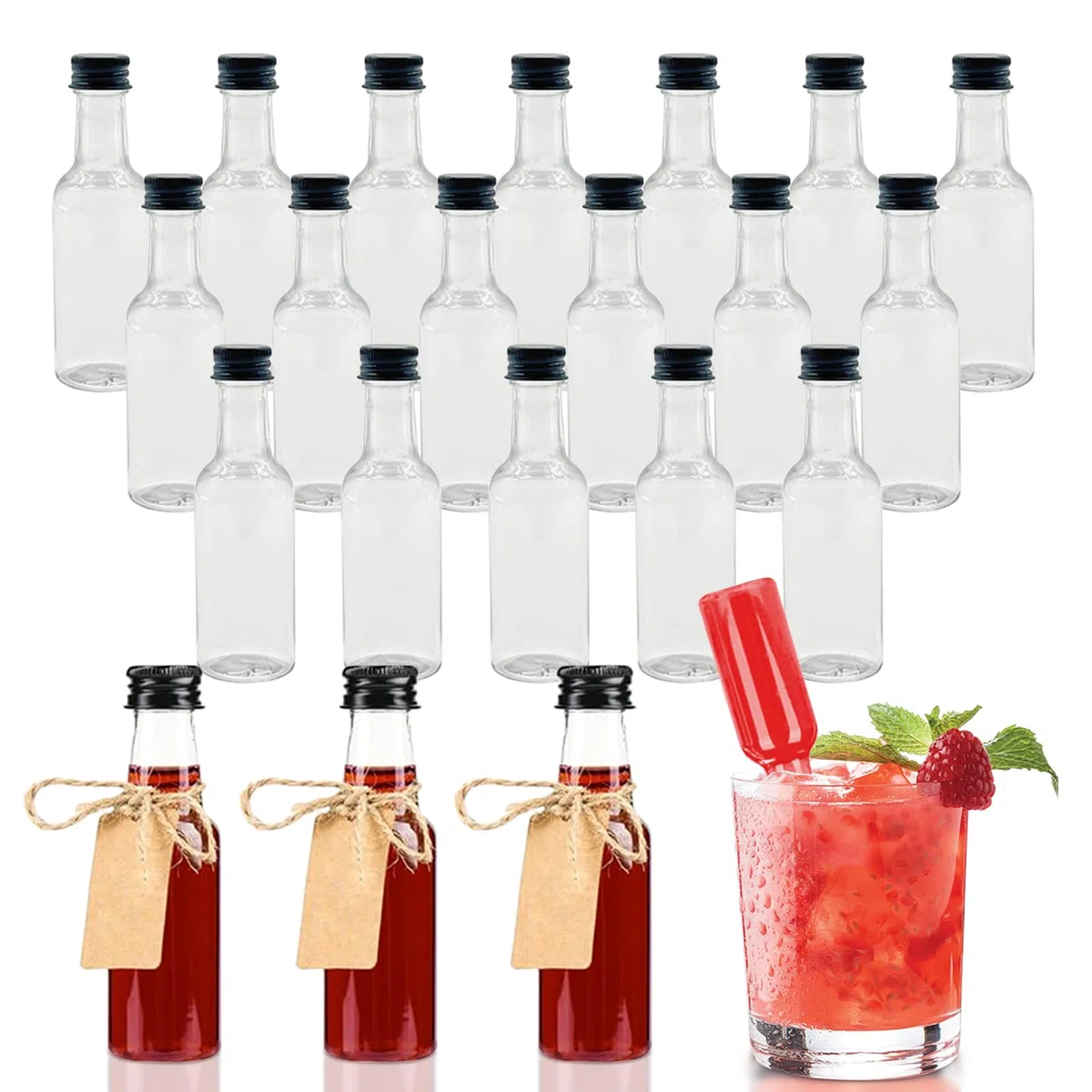 24 Stück Mini Likörflaschen Kleine Flaschen zum Befüllen 50ml Fläschchen Shot Flaschen zum Befüllen Wiederverwendbar Mini Schnapsflaschen mit 2 Trichter und 24 Anhängern für Hochzeiten Party