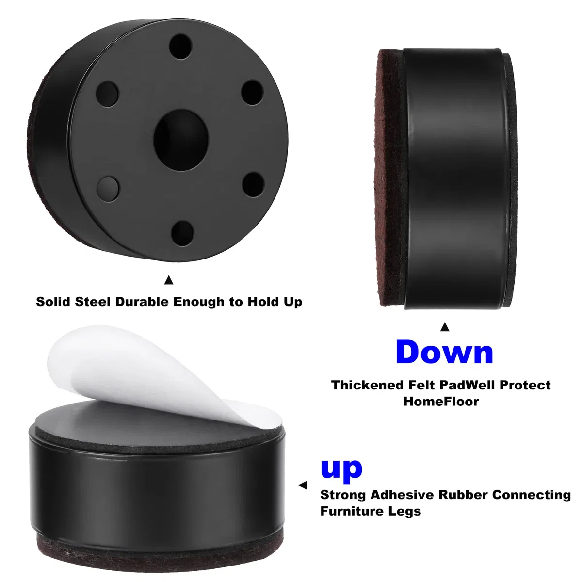 Captina 3cm Möbelerhöhung aus Karbonstahl - Durchmesser 6 cm, Selbstklebend für Betten, Sofas, Schränke, 4 Stück Robust (Runden Schwarz)