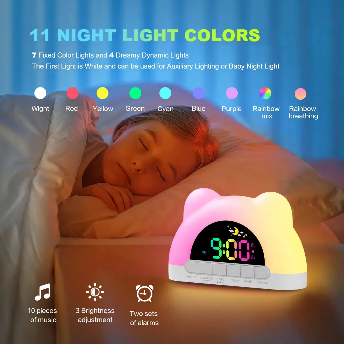 Azyh Kinderwecker, Wecker Digital für Mädchen Jungen, Schlaftrainer Kinder mit 11 RGB Farb Nachtlicht, OK zum Aufwachen der Plug-In Elektrische Wecker, 10 Soundeffekten, Dual Alarms, Snooze, 12/24