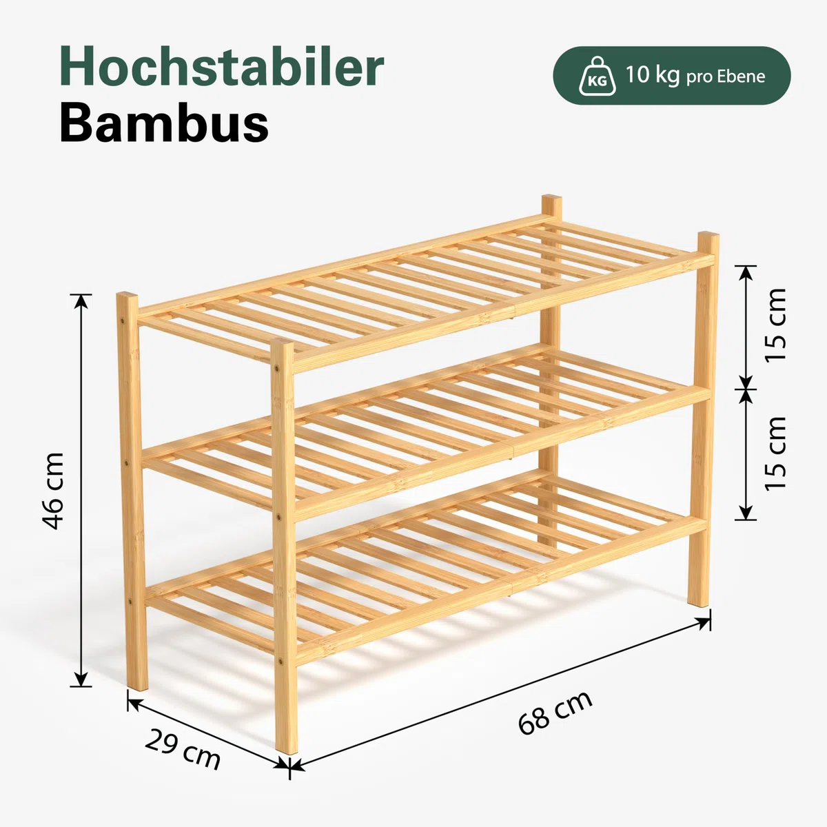 Bambus Schuhregal 3 Ebenen – Schuhschrank schmal platzsparend Holz 68x28x46 cm – Schuhablage Schuhaufbewahrung klein – Schuhständer für Flur Eingangsbereich (Bambus)