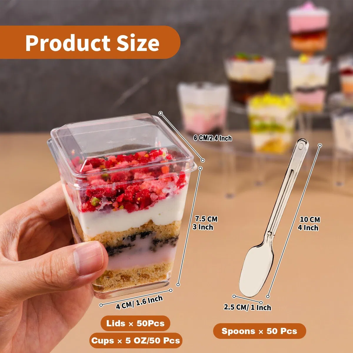 50 Stück Dessertgläser,5OZ/160ML Dessertbecher Plastik,Wiederverwendbar Quadratischer Dessertbecher,Klar Dessertschalen mit Deckel,Für Mousse Pudding Eiscreme Buffet Party Geburtstag Picknick