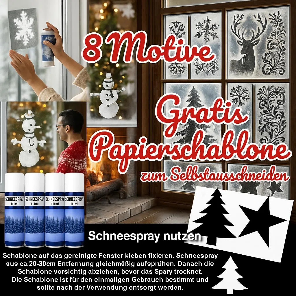 4er Set Kunstschnee - Spraydose 111ml mit Dekoschnee - Schneespray zum Dekorieren zu Weihnachten - Fensterspray Spühschnee - Künstlicher Schnee für die Fenster