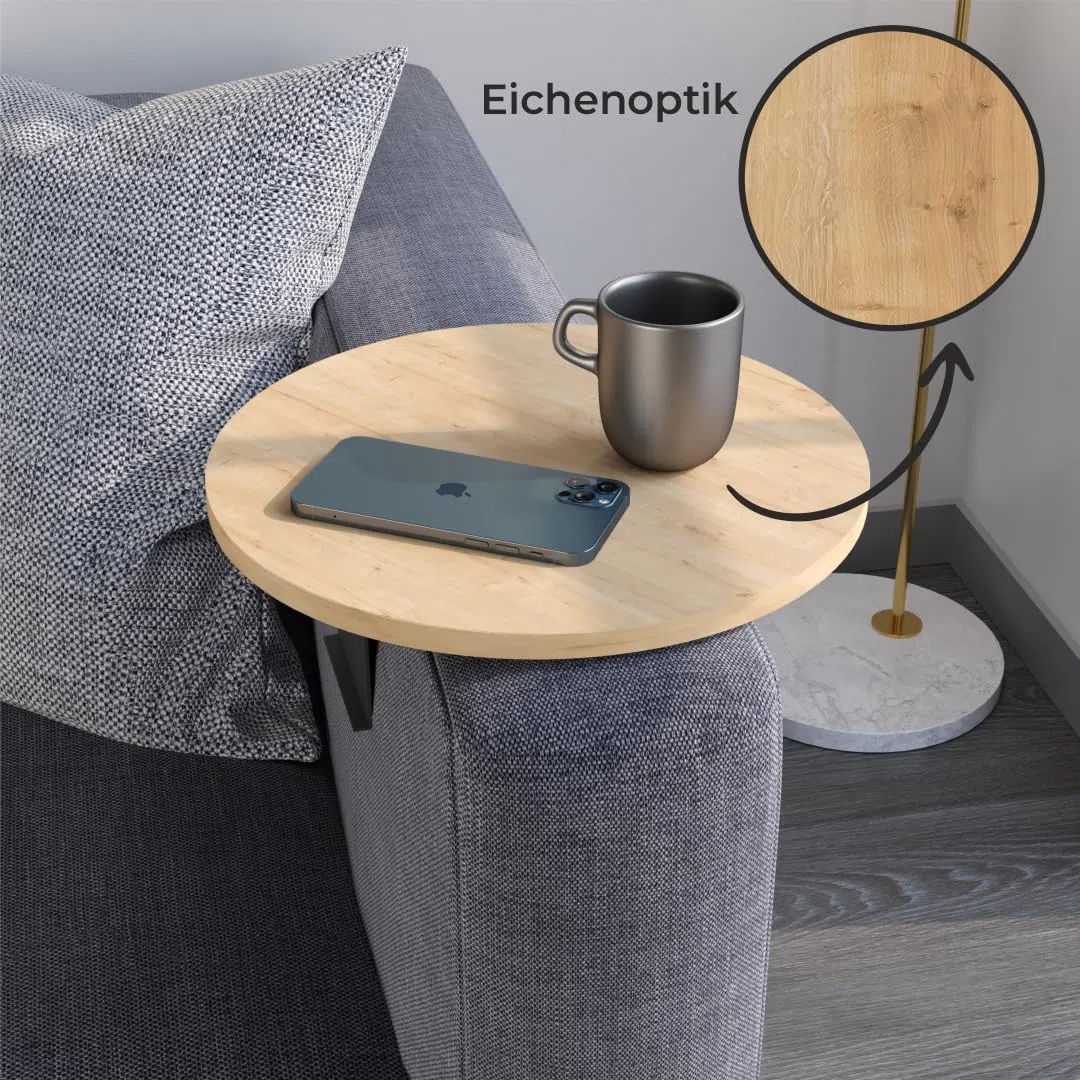 Couch-Tablett Armlehne, Einstellbarer Sofa-Tablett, Getränkehalter, spezielles Design praktischer Metallhalterung, Sitzgarnitur Ablage, Durchmesser ⌀ 35 cm (Eiche)