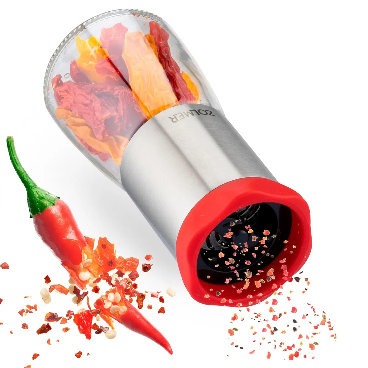 Chilimühle aus Edelstahl & Glas | Gewürzschneider Schneidwerk - Chilischneider für grobe Gewürze & Chili - Gewürzmühle Kräutermühle - mit Aroma-Schutzdeckel