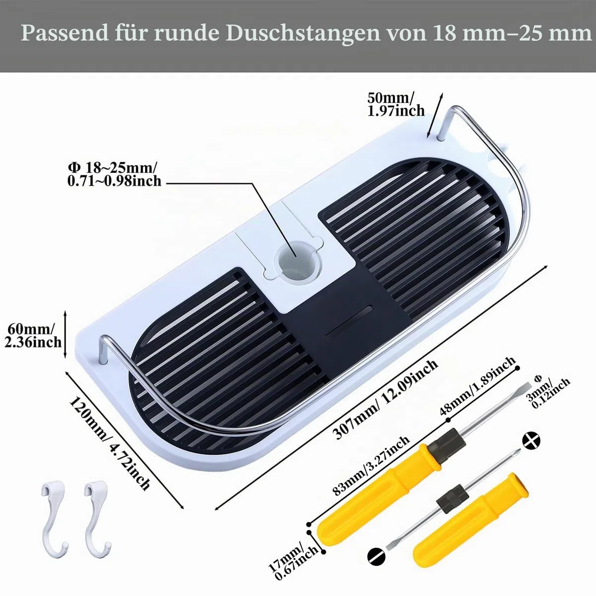 Hawsam Duschablage Ohne Bohren für Duschstange, Neu Aktualisierte Universalgröße Badezimmer Organizer für Runde Duschstange mit Durchmesser von 18mm-25mm