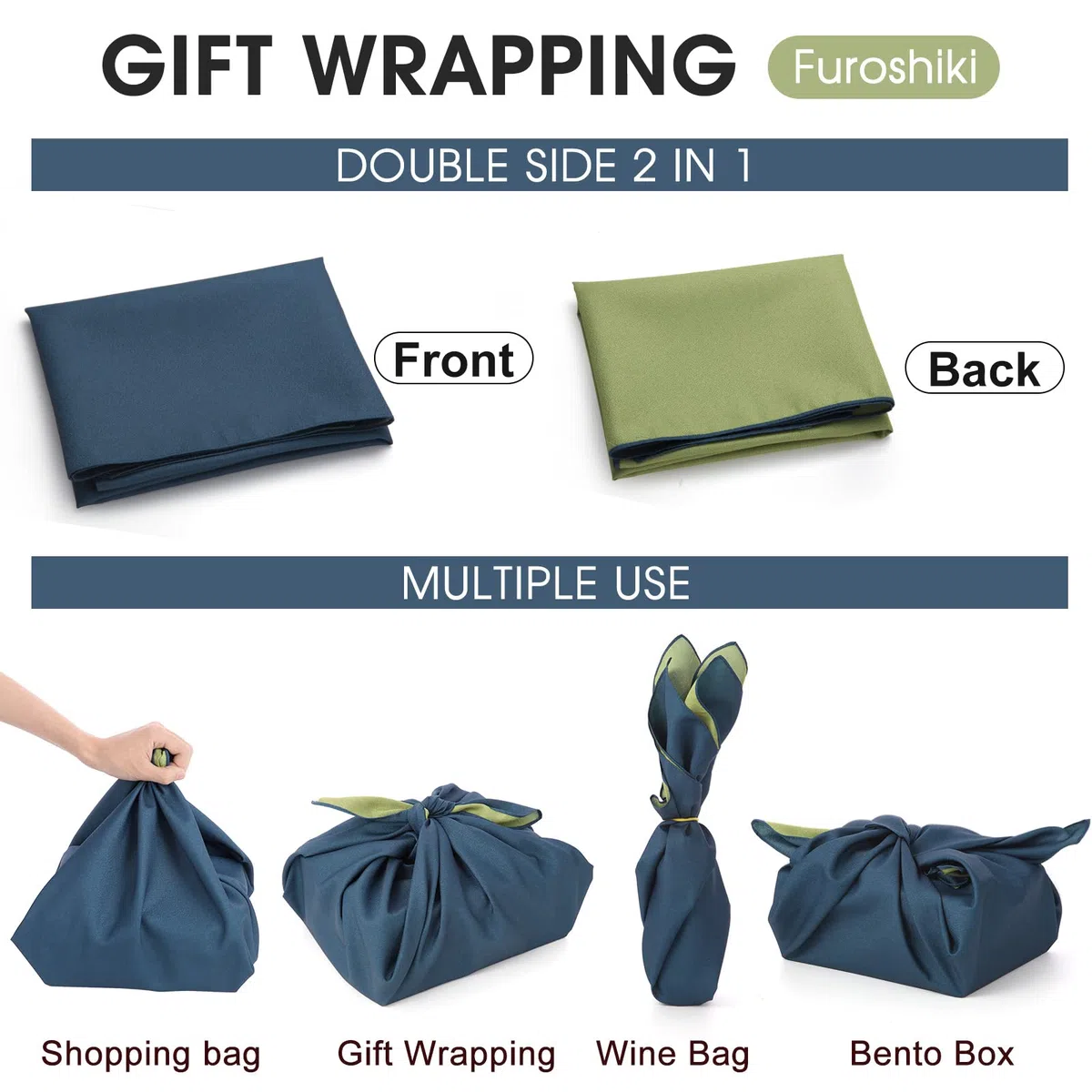 Furoshiki Wickeltuch, 3 Stück Bento-Box, Lunch-Weinflaschenabdeckung, doppelseitig, 70 x 70 cm, extra groß, japanischer Stil, Weihnachtstuch, abfallfreie Einkaufstasche, Marineblau