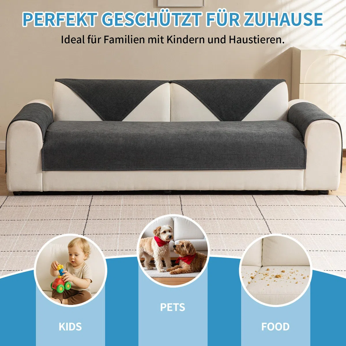 Warmstar Sofa Überzug Wasserdicht Chenille Couch Überzug,Kratzfest Hund Katze Sofabezug,Sofaschoner Rutschfester Sofa Cover 2 3 4 Sitzer für U Form L Form Sektionssofa (Dunkelgrau, 70 * 150cm)