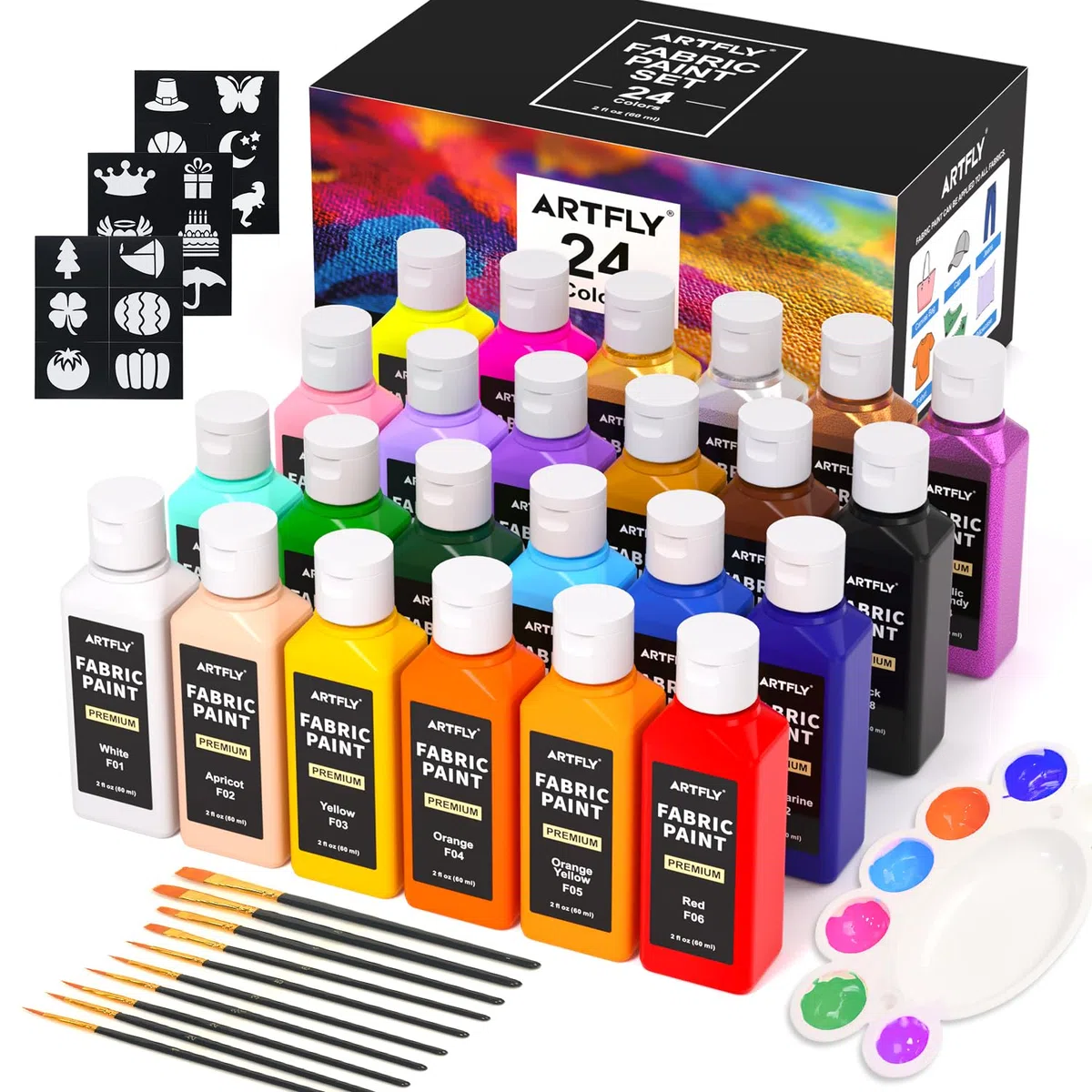 ARTFLY Textilfarben Waschmaschinenfest 24x60ml Set, Waschfest Stoffmalfarben inkl. Gold & Silber, Textil farbe für kleidung, Schuhe, Jeans & Stoffe, Zum Malen auf dunklen und hellen Stoffen