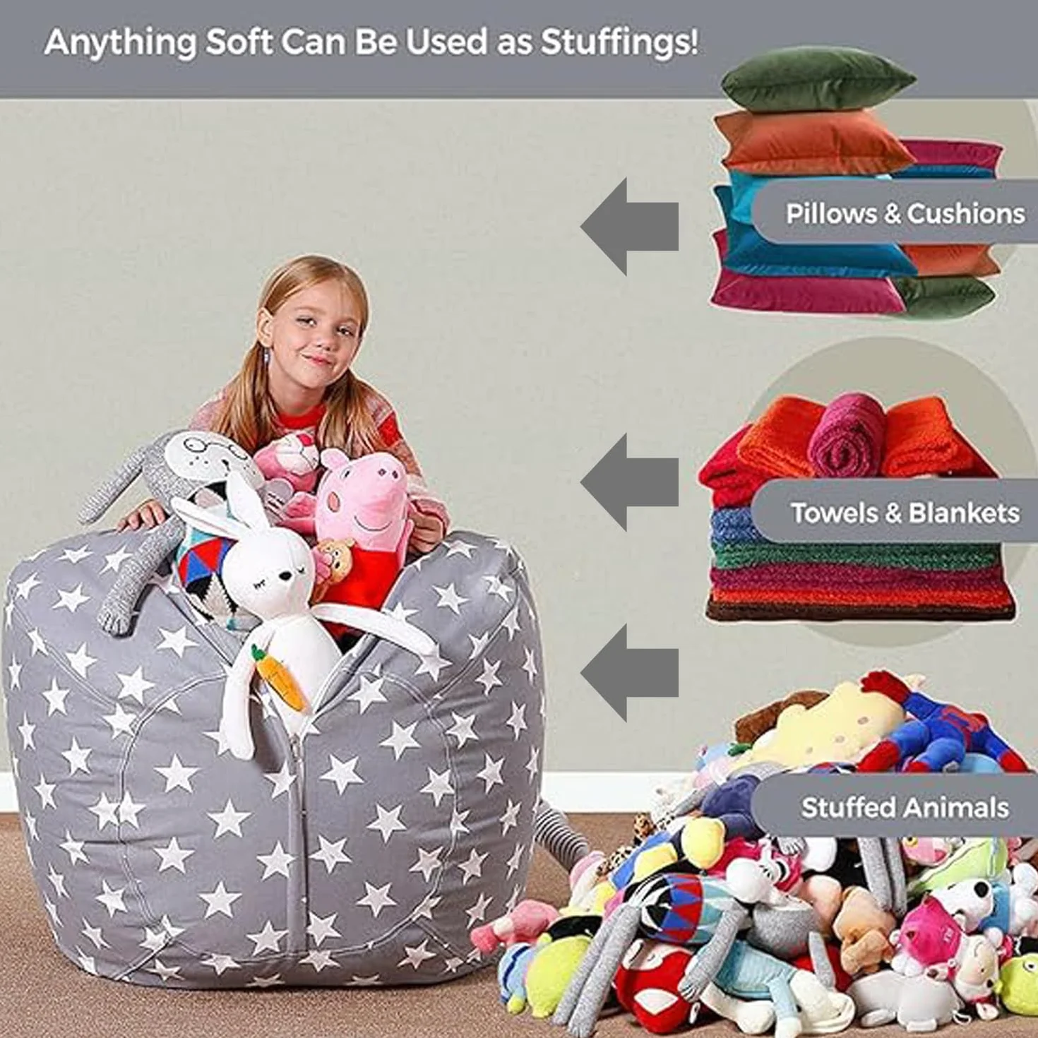Spielzeug Aufbewharungstasche, Kuscheltier Aufbewahrung Sitzsack, Kinder Sitzsack Sofa, Bean Bag Toy Storage mit Reißverschlus, Beutel Spielzeugaufbewahrung, für Kleidung, Spielzeug (24 zoll)